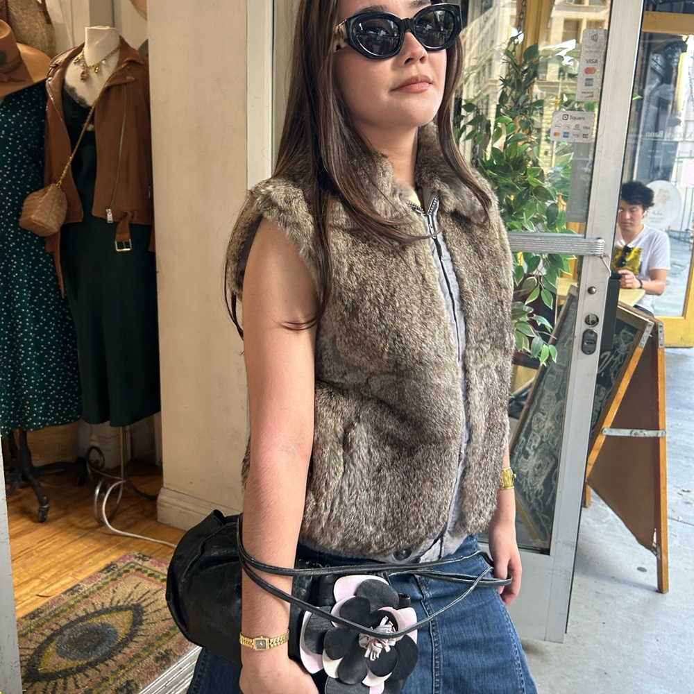 Chic Faux Fur Vest with Black Floral Bag recycled leather
